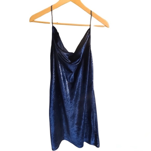 Halston Heritage Blue Velvet Metallic Shimmer Cowl Neck Strappy Back Dress 4 - Picture 10 of 16